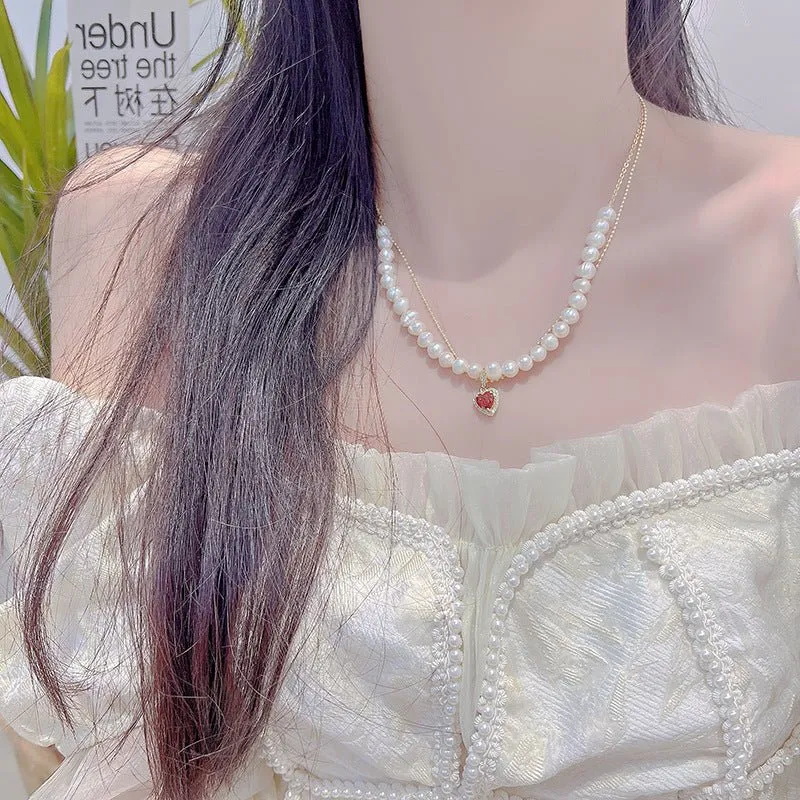 Ruby Heart Pearl Necklace - Wendy