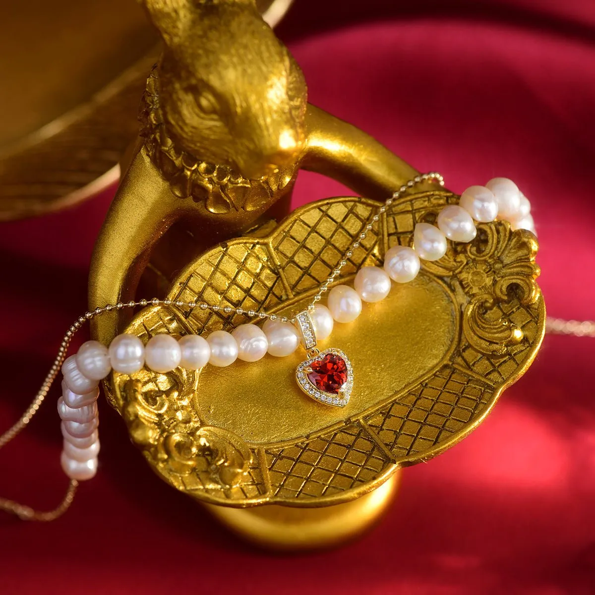Ruby Heart Pearl Necklace - Wendy