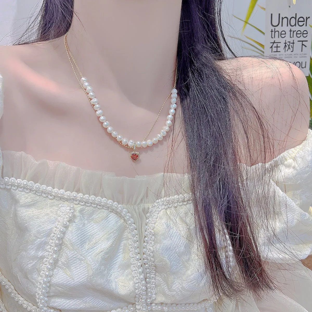 Ruby Heart Pearl Necklace - Wendy