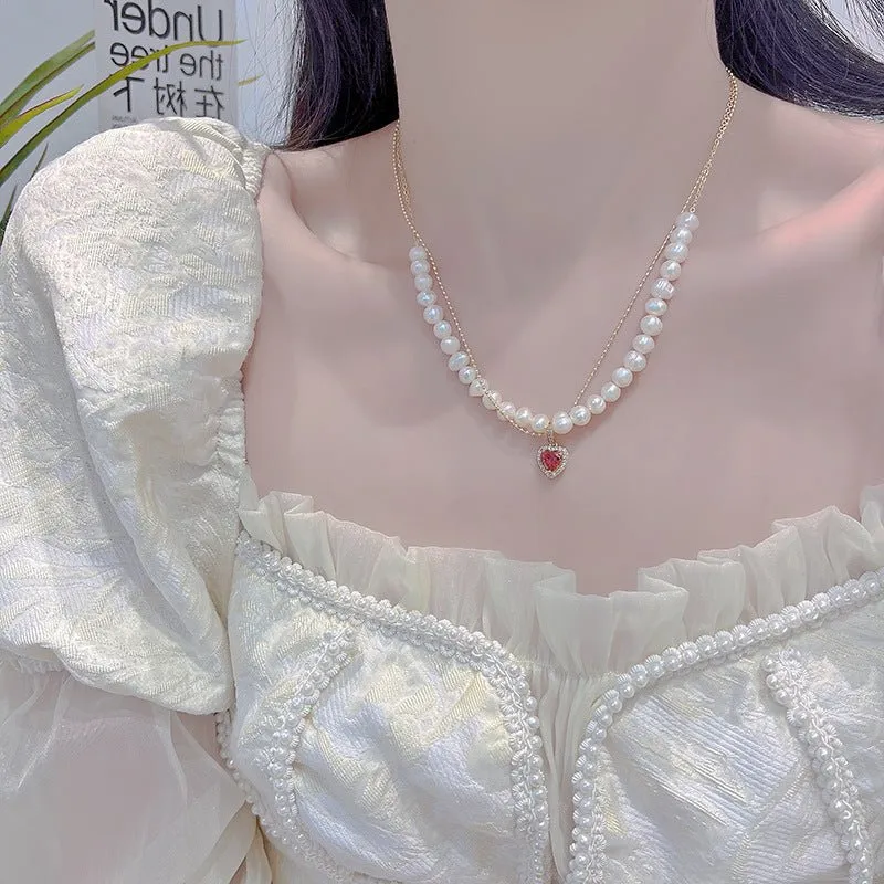 Ruby Heart Pearl Necklace - Wendy