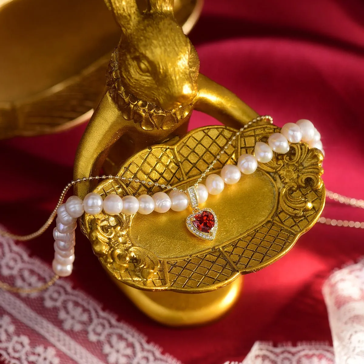 Ruby Heart Pearl Necklace - Wendy