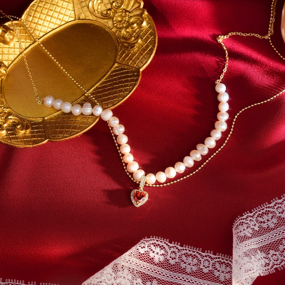 Ruby Heart Pearl Necklace - Wendy