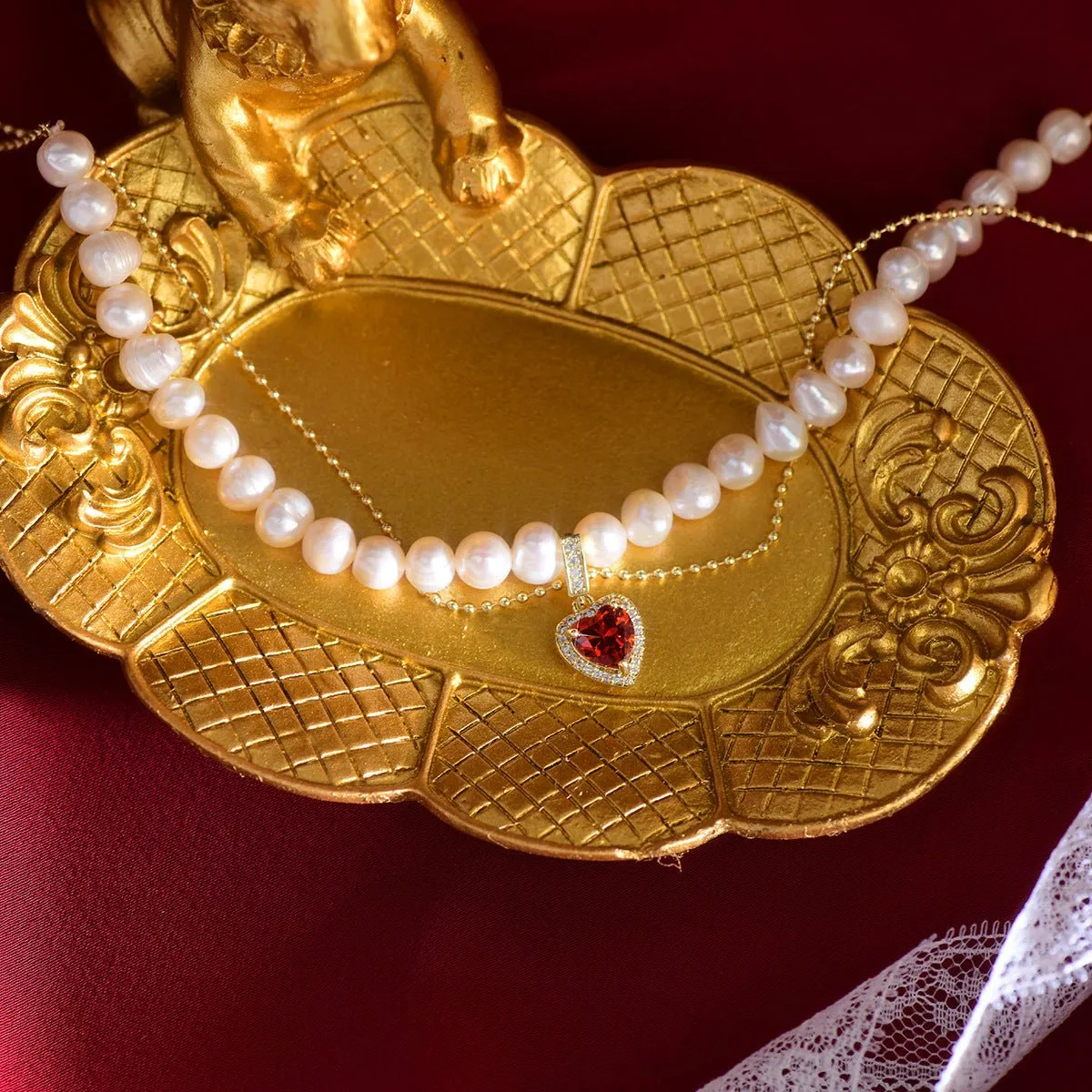 Ruby Heart Pearl Necklace - Wendy