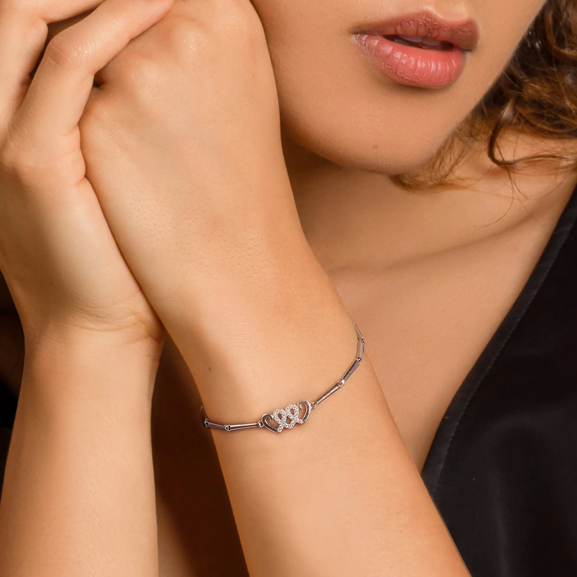 Silver Zircon Triple Heart Bracelet