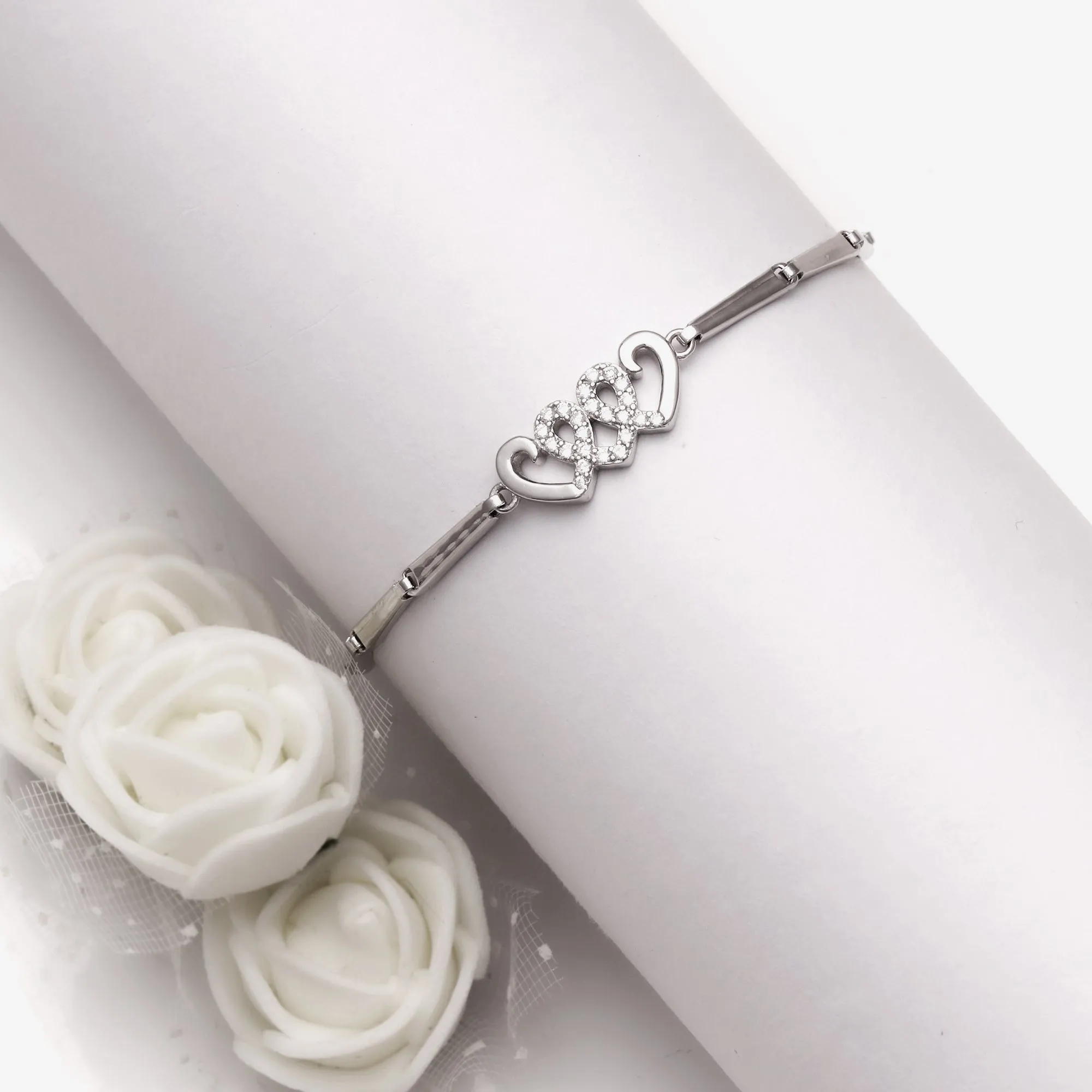 Silver Zircon Triple Heart Bracelet