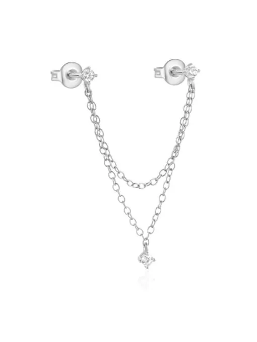 Single Earrings 925 Sterling Silver Double Piercing Chain Dangle Style Luxury Stud Earrings