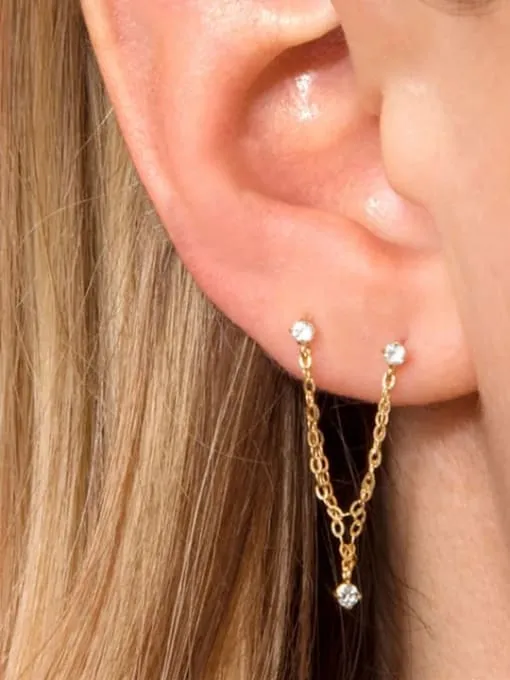 Single Earrings 925 Sterling Silver Double Piercing Chain Dangle Style Luxury Stud Earrings