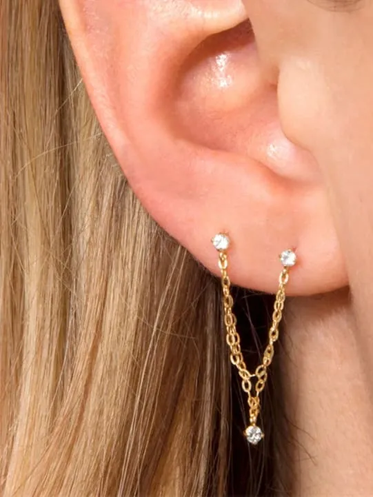 Single Earrings 925 Sterling Silver Double Piercing Chain Dangle Style Luxury Stud Earrings