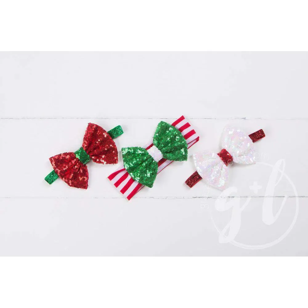 Two-in-One Sequined Bow Headband & Belt, Christmas Red Bow on Green Band