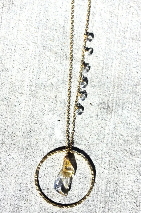 Vinezia Necklace - 18k Gold Hammered Hoop and Citrine Gemstone Necklace.