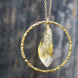 Vinezia Necklace - 18k Gold Hammered Hoop and Citrine Gemstone Necklace.
