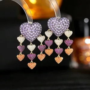 Vintage 925 Silver Needles Colorful Heart Pendant Fringed Boho Earrings