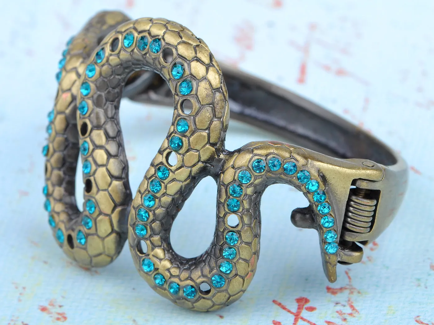 Vintage Brass Blue Eyed Zircon Snake Body Wrap Bracelet