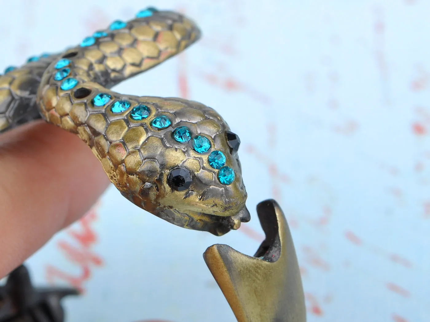 Vintage Brass Blue Eyed Zircon Snake Body Wrap Bracelet