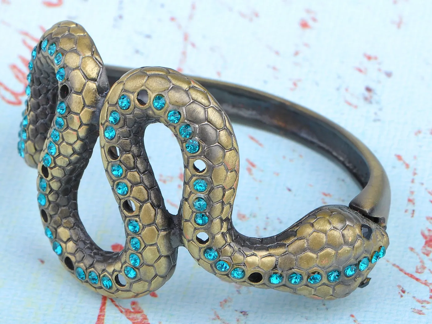 Vintage Brass Blue Eyed Zircon Snake Body Wrap Bracelet