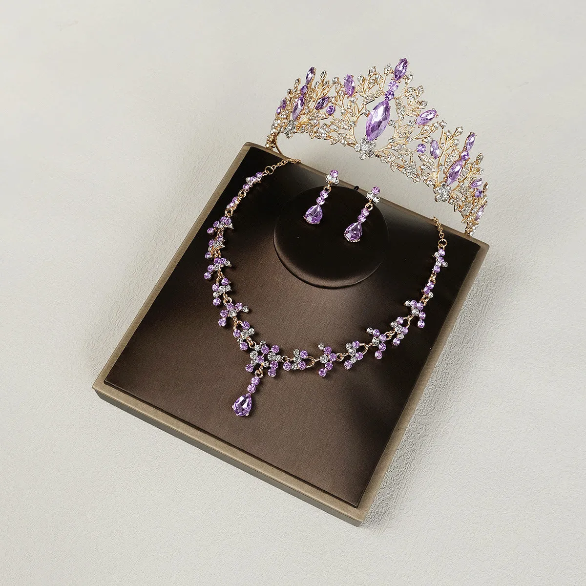 wedding bridal jewelry set wedding accessories high-end purple crystal necklace earrings crown three-piece set