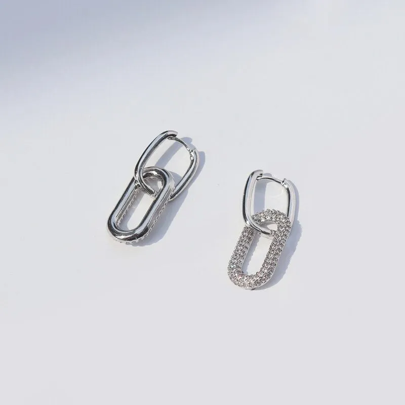 Zircon Studded Double Rectangular Geometric Dangle Hoop Earrings
